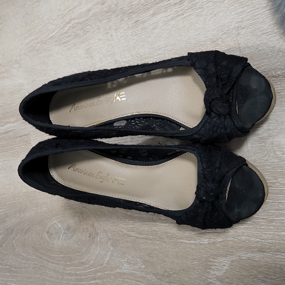 Black flower laced wedges